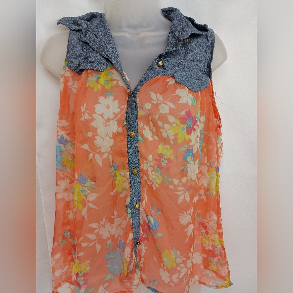 Canyon River Blues Cottage Boho Orange‎ Denim Floral Sheer Button L Blouse